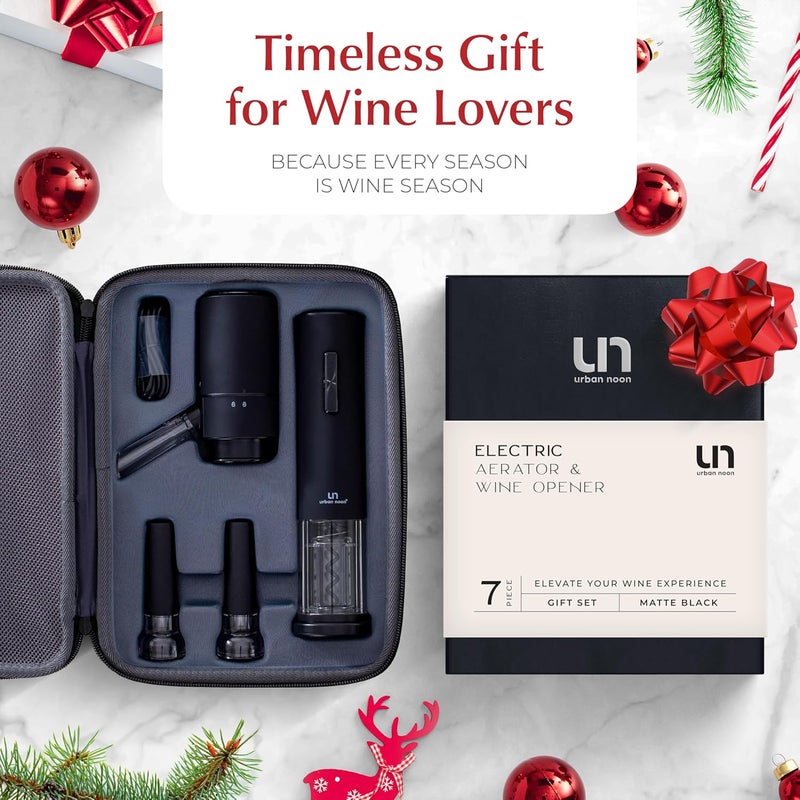 urban noon Rechargeable Electric Wine Opener Set with Aerator, Foil Cutter & Vacuum Stoppers – Automatic Wine Bottle Opener Kit with Portable Case – 7 Piece Wine Gift Set (Black Matte) - Image 3